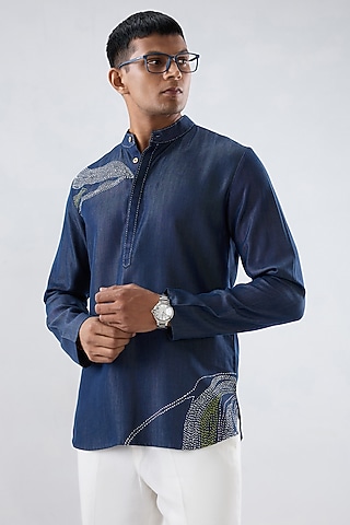 Blue Tencel Denim Hand Embroidered Shirt by Raw & Rustic by Niti Bothra Men