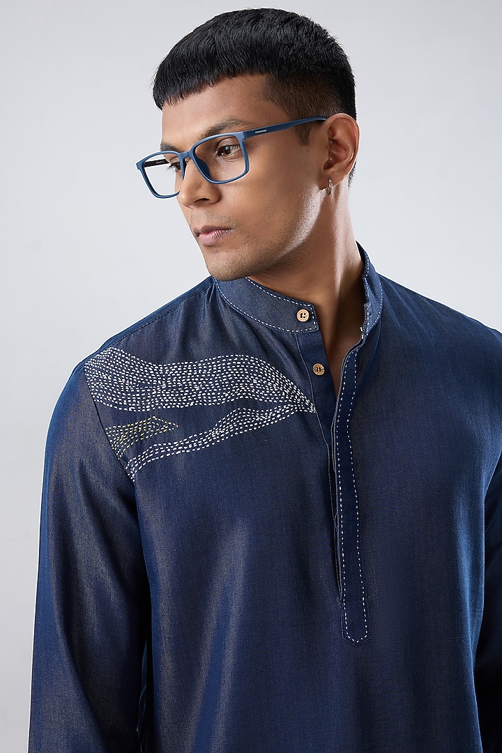 Blue Tencel Denim Hand Embroidered Party Wear Shirt by Raw & Rustic by Niti Bothra Men at Pernia's Pop Up Shop