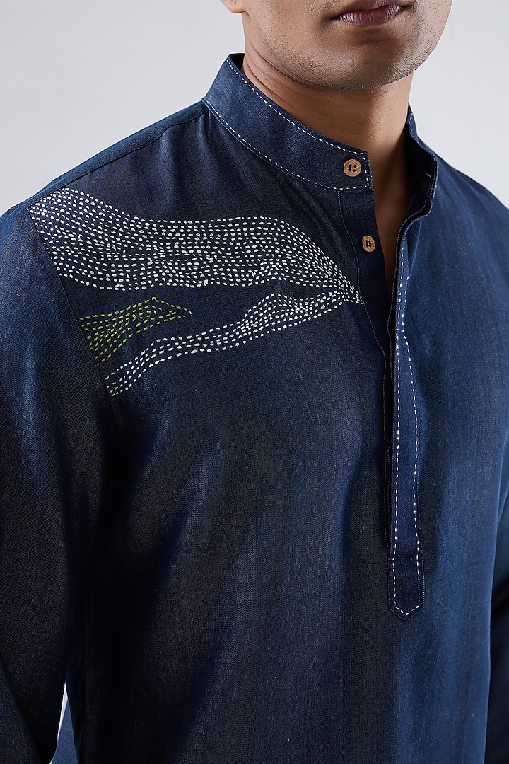 Blue Tencel Denim Hand Embroidered Party Wear Shirt by Raw & Rustic by Niti Bothra Men at Pernia's Pop Up Shop