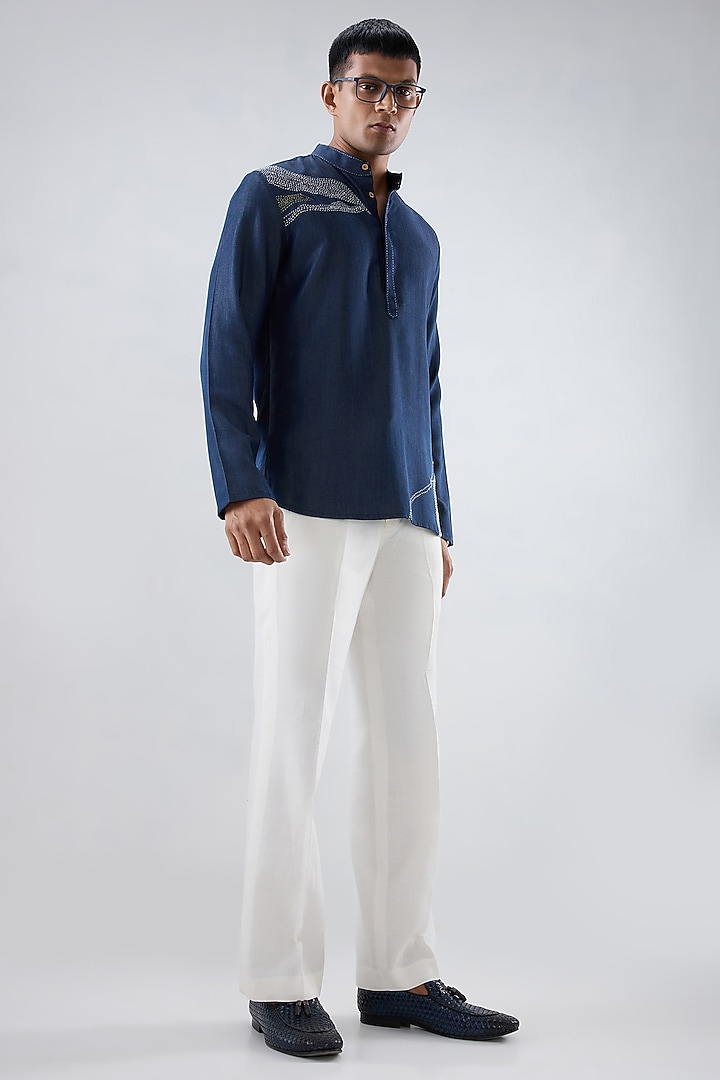 Blue Tencel Denim Hand Embroidered Party Wear Shirt by Raw & Rustic by Niti Bothra Men at Pernia's Pop Up Shop