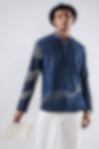 Blue Tencel Denim Kantha Embroidered Party Wear Shirt by Raw & Rustic by Niti Bothra Men at Pernia's Pop Up Shop