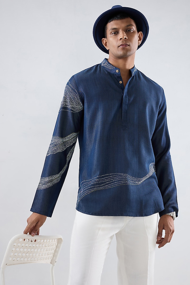 Blue Tencel Denim Kantha Embroidered Party Wear Shirt by Raw & Rustic by Niti Bothra Men at Pernia's Pop Up Shop