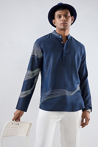 Blue Tencel Denim Kantha Embroidered Shirt by Raw & Rustic by Niti Bothra Men