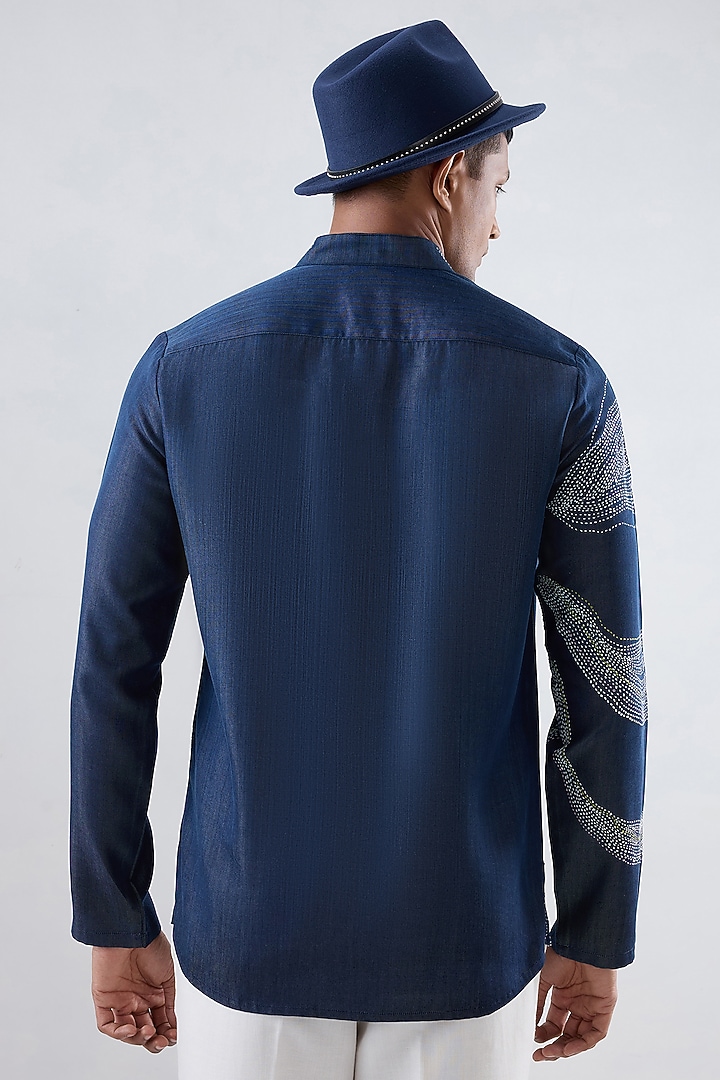 Blue Tencel Denim Kantha Embroidered Party Wear Shirt by Raw & Rustic by Niti Bothra Men at Pernia's Pop Up Shop