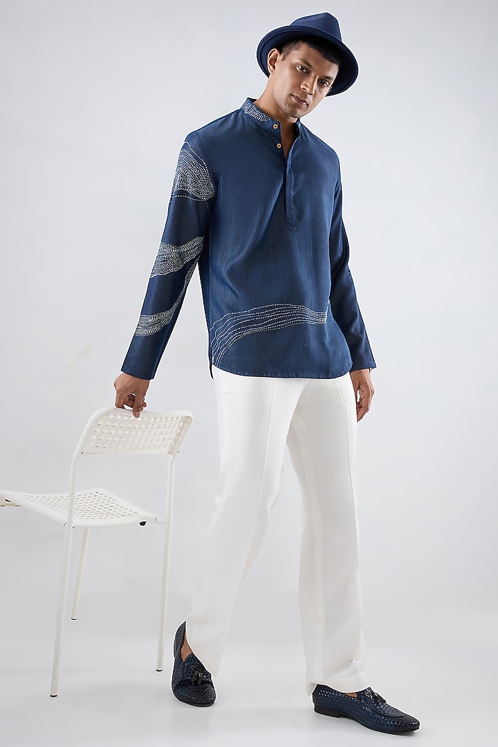 Blue Tencel Denim Kantha Embroidered Party Wear Shirt by Raw & Rustic by Niti Bothra Men at Pernia's Pop Up Shop