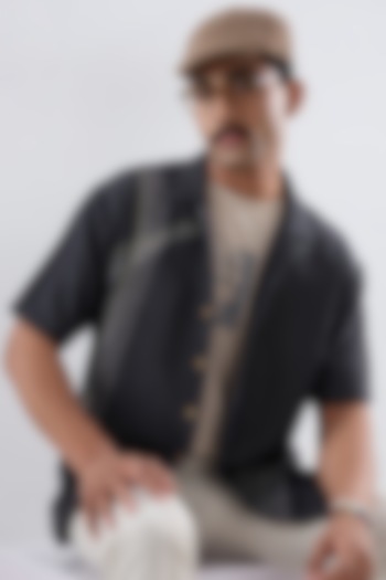 Black Tencel Denim Kantha Embroidered Summer Shirt by Raw & Rustic by Niti Bothra Men at Pernia's Pop Up Shop