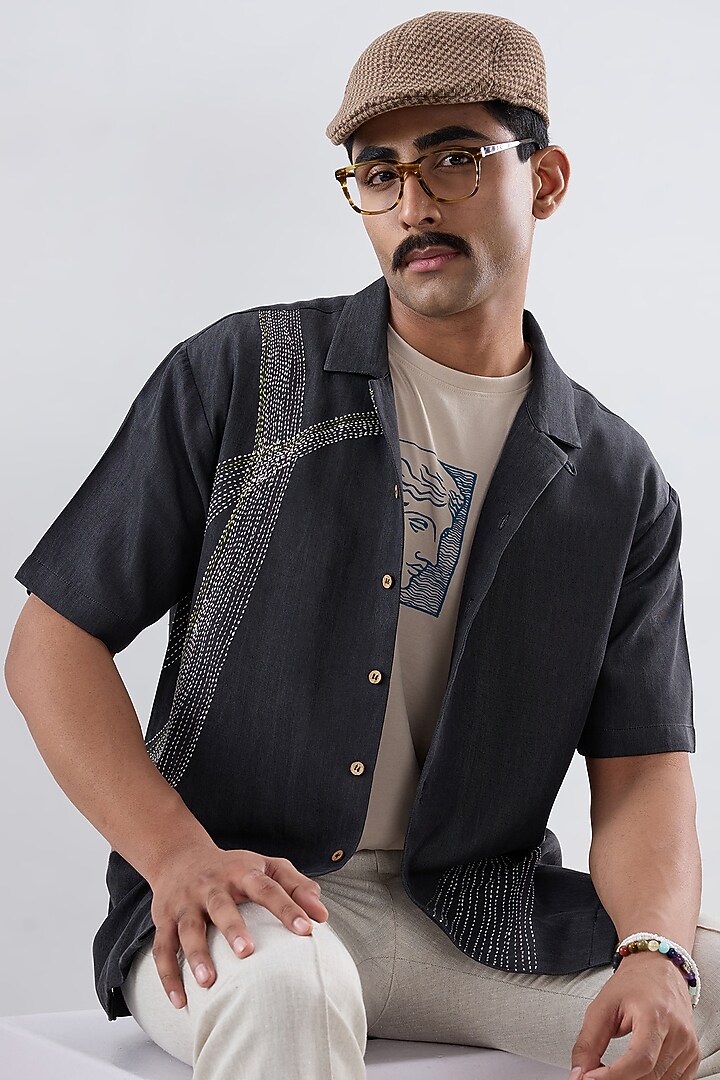 Black Tencel Denim Kantha Embroidered Summer Shirt by Raw & Rustic by Niti Bothra Men at Pernia's Pop Up Shop