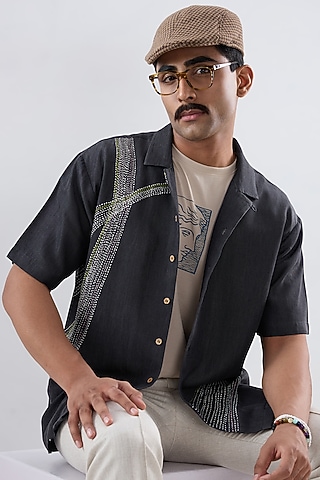 Black Tencel Denim Kantha Embroidered Shirt by Raw & Rustic by Niti Bothra Men