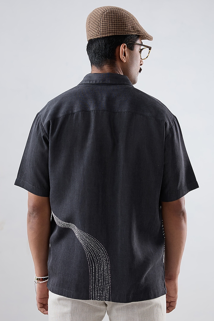 Black Tencel Denim Kantha Embroidered Summer Shirt by Raw & Rustic by Niti Bothra Men at Pernia's Pop Up Shop