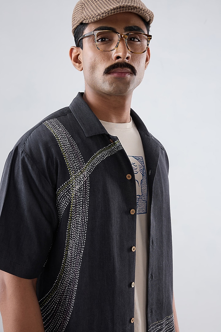 Black Tencel Denim Kantha Embroidered Summer Shirt by Raw & Rustic by Niti Bothra Men at Pernia's Pop Up Shop