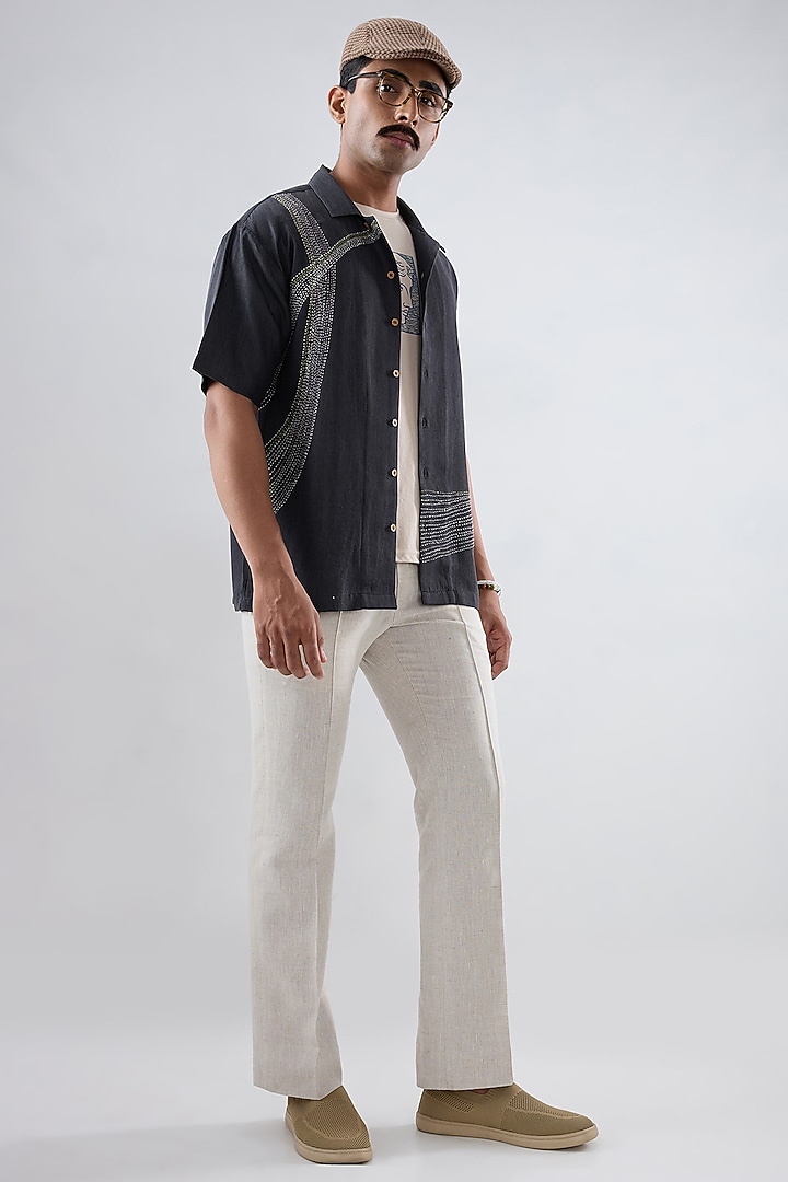 Black Tencel Denim Kantha Embroidered Summer Shirt by Raw & Rustic by Niti Bothra Men at Pernia's Pop Up Shop