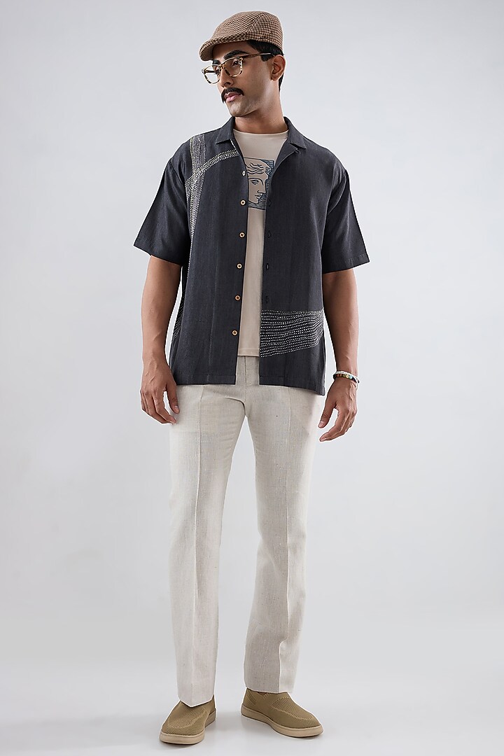 Black Tencel Denim Kantha Embroidered Summer Shirt by Raw & Rustic by Niti Bothra Men at Pernia's Pop Up Shop
