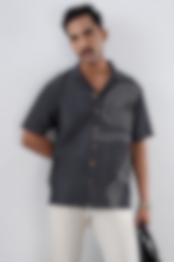 Black Tencel Denim Kantha Embroidered Summer Shirt by Raw & Rustic by Niti Bothra Men at Pernia's Pop Up Shop