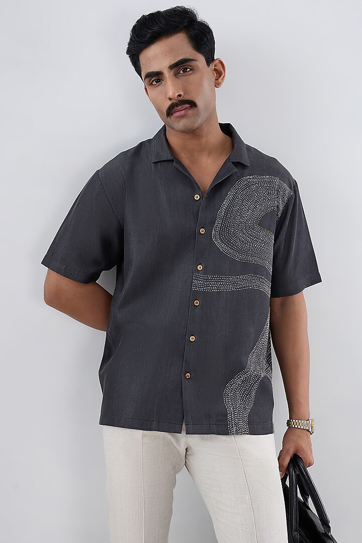 Black Tencel Denim Kantha Embroidered Summer Shirt by Raw & Rustic by Niti Bothra Men at Pernia's Pop Up Shop