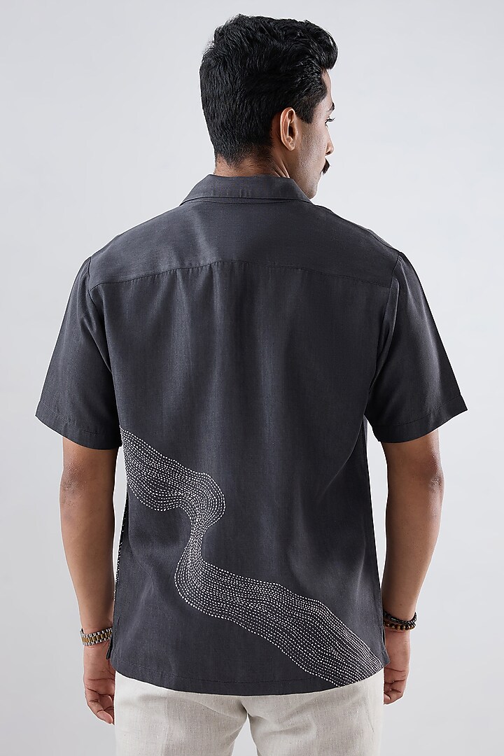 Black Tencel Denim Kantha Embroidered Summer Shirt by Raw & Rustic by Niti Bothra Men at Pernia's Pop Up Shop