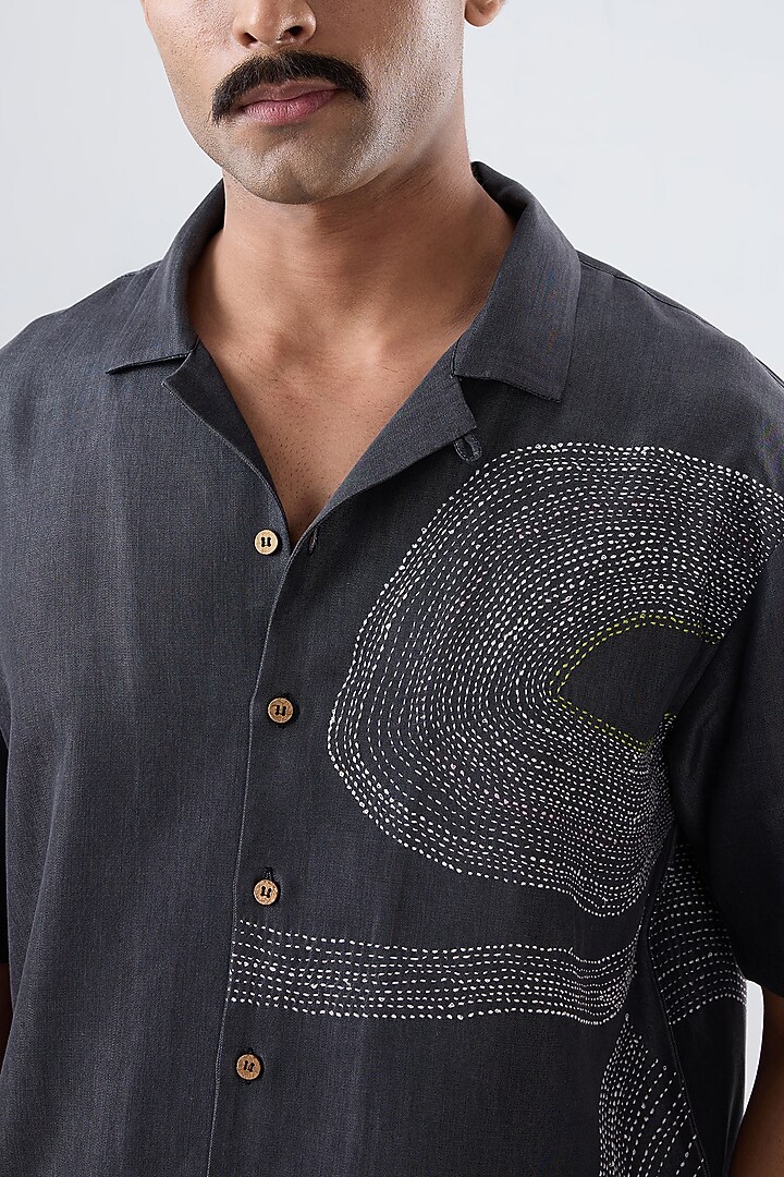 Black Tencel Denim Kantha Embroidered Summer Shirt by Raw & Rustic by Niti Bothra Men at Pernia's Pop Up Shop
