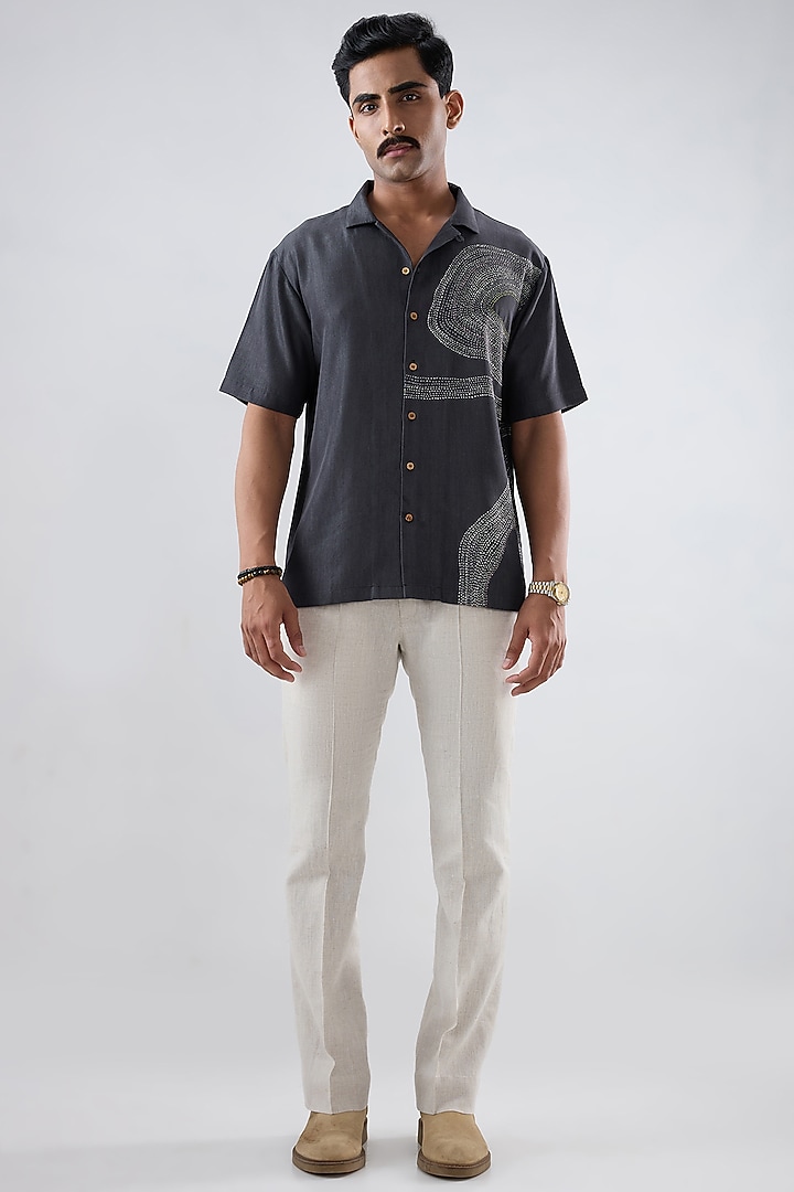 Black Tencel Denim Kantha Embroidered Summer Shirt by Raw & Rustic by Niti Bothra Men at Pernia's Pop Up Shop