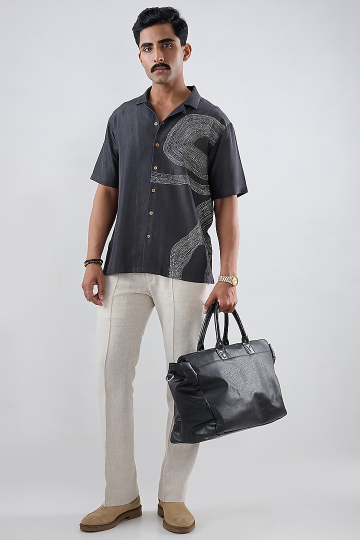 Black Tencel Denim Kantha Embroidered Summer Shirt by Raw & Rustic by Niti Bothra Men at Pernia's Pop Up Shop