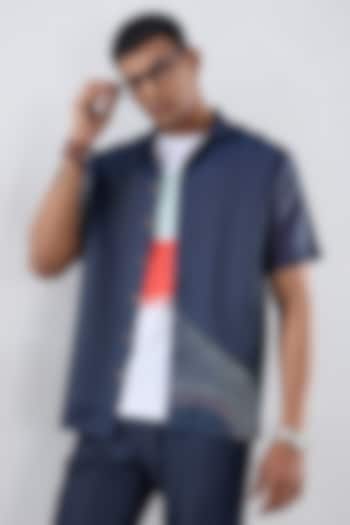 Blue Tencel Denim Kantha Embroidered Summer Shirt by Raw & Rustic by Niti Bothra Men at Pernia's Pop Up Shop