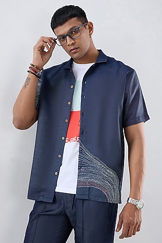 Blue Tencel Denim Kantha Embroidered Shirt by Raw & Rustic by Niti Bothra Men
