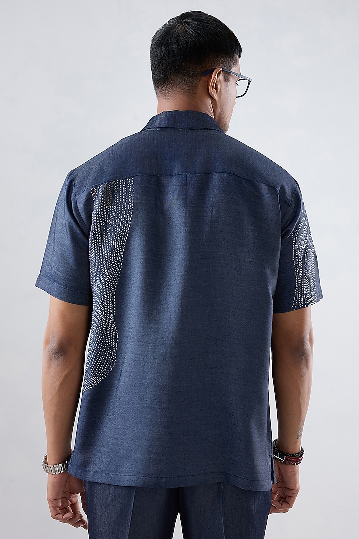 Blue Tencel Denim Kantha Embroidered Summer Shirt by Raw & Rustic by Niti Bothra Men at Pernia's Pop Up Shop