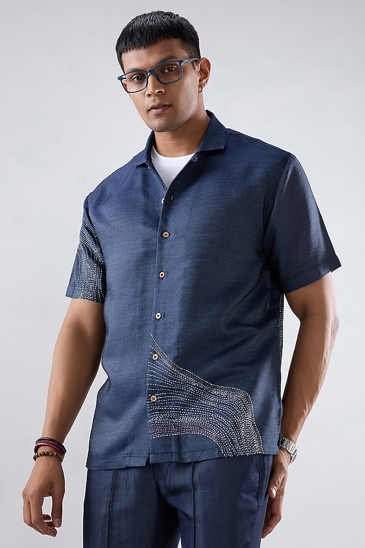Blue Tencel Denim Kantha Embroidered Summer Shirt by Raw & Rustic by Niti Bothra Men at Pernia's Pop Up Shop