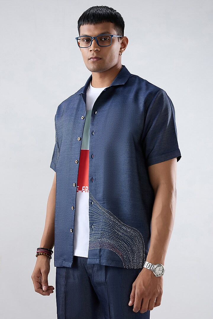 Blue Tencel Denim Kantha Embroidered Summer Shirt by Raw & Rustic by Niti Bothra Men at Pernia's Pop Up Shop