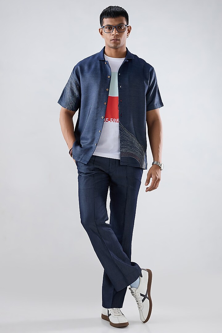 Blue Tencel Denim Kantha Embroidered Summer Shirt by Raw & Rustic by Niti Bothra Men at Pernia's Pop Up Shop