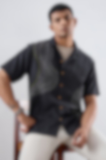 Black Tencel Denim Kantha Embroidered Summer Shirt by Raw & Rustic by Niti Bothra Men at Pernia's Pop Up Shop