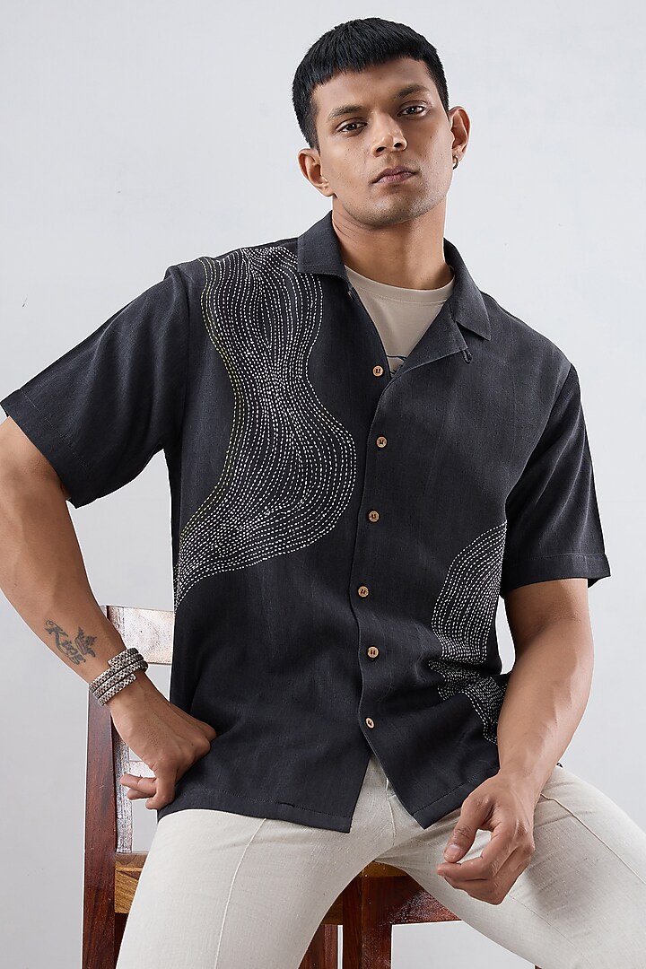 Black Tencel Denim Kantha Embroidered Summer Shirt by Raw & Rustic by Niti Bothra Men at Pernia's Pop Up Shop