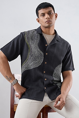 Black Tencel Denim Kantha Embroidered Shirt by Raw & Rustic by Niti Bothra Men