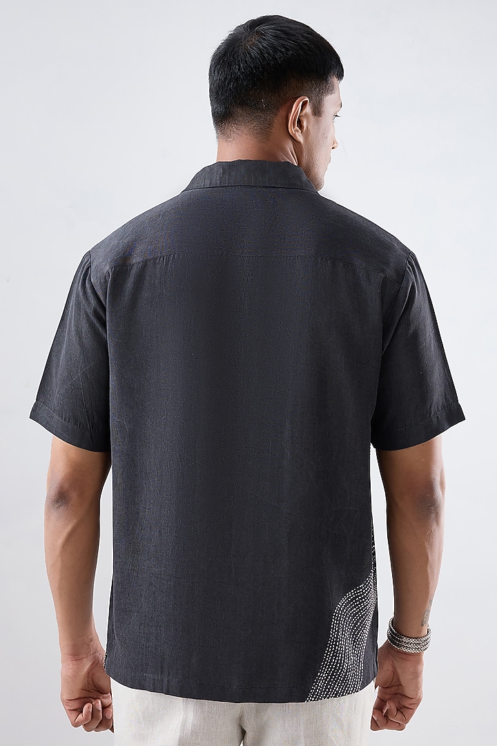 Black Tencel Denim Kantha Embroidered Summer Shirt by Raw & Rustic by Niti Bothra Men at Pernia's Pop Up Shop