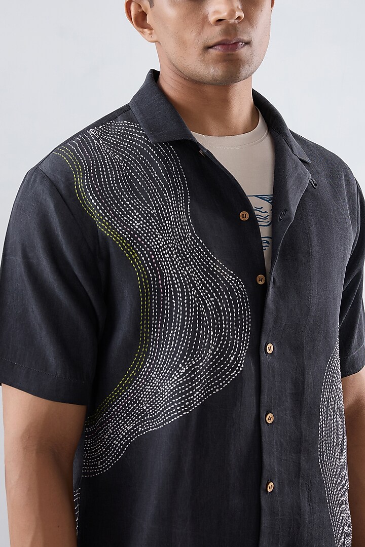 Black Tencel Denim Kantha Embroidered Summer Shirt by Raw & Rustic by Niti Bothra Men at Pernia's Pop Up Shop