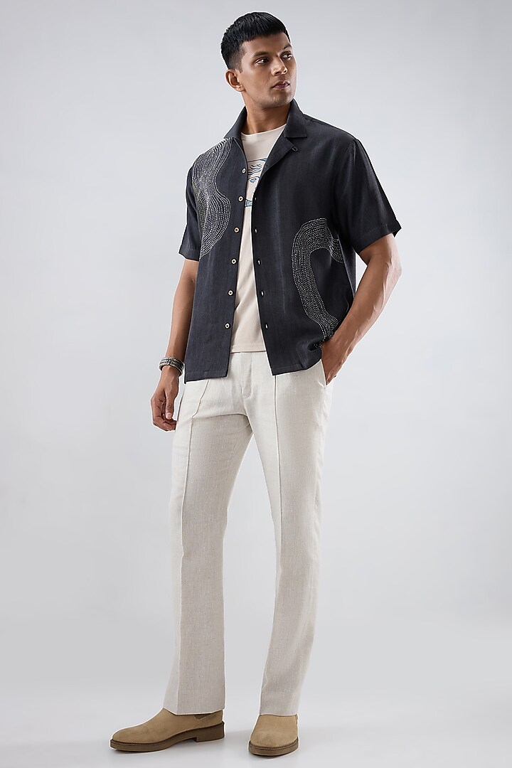 Black Tencel Denim Kantha Embroidered Summer Shirt by Raw & Rustic by Niti Bothra Men at Pernia's Pop Up Shop