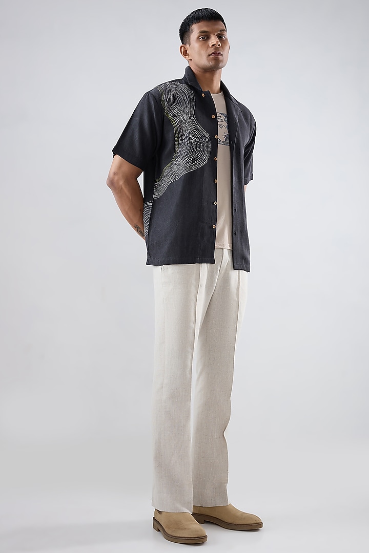 Black Tencel Denim Kantha Embroidered Summer Shirt by Raw & Rustic by Niti Bothra Men at Pernia's Pop Up Shop