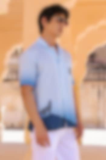 Blue Linen & Tencel Embroidered Summer Shirt by Raw & Rustic by Niti Bothra Men at Pernia's Pop Up Shop