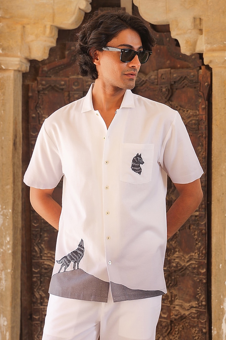White Linen & Tencel Embroidered Summer Shirt by Raw & Rustic by Niti Bothra Men at Pernia's Pop Up Shop