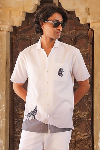 White Linen & Tencel Embroidered Shirt by Raw & Rustic by Niti Bothra Men