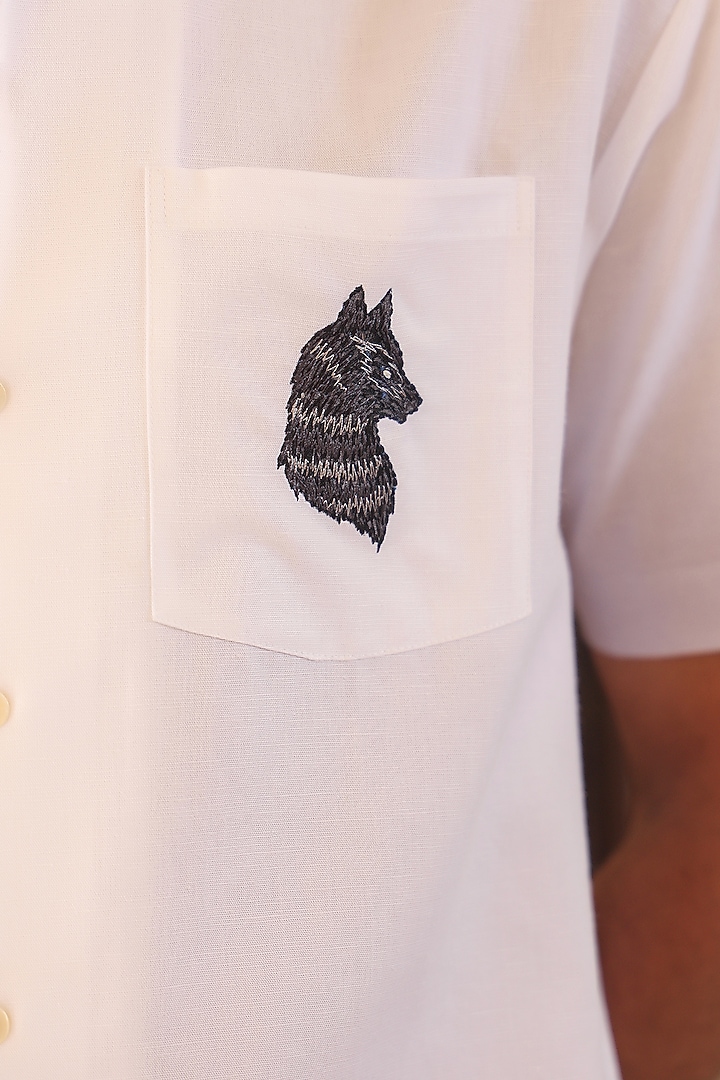 White Linen & Tencel Embroidered Summer Shirt by Raw & Rustic by Niti Bothra Men at Pernia's Pop Up Shop