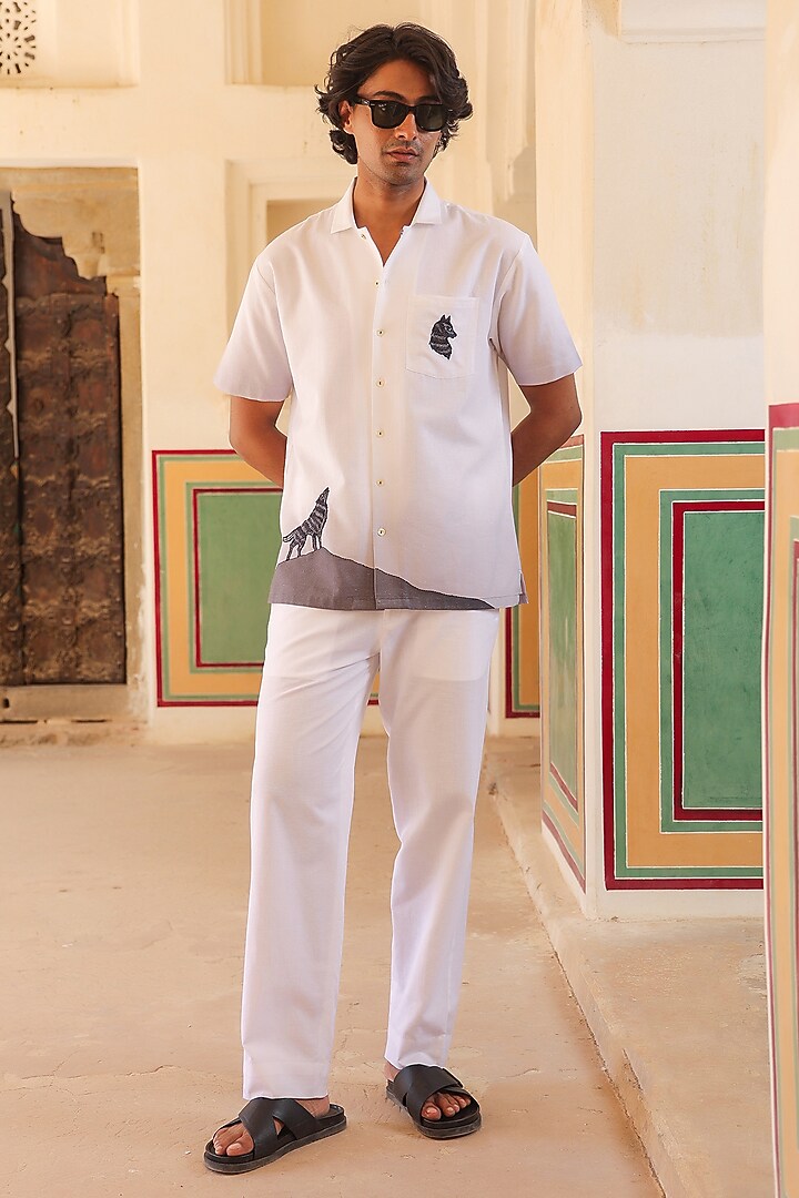 White Linen & Tencel Embroidered Summer Shirt by Raw & Rustic by Niti Bothra Men at Pernia's Pop Up Shop
