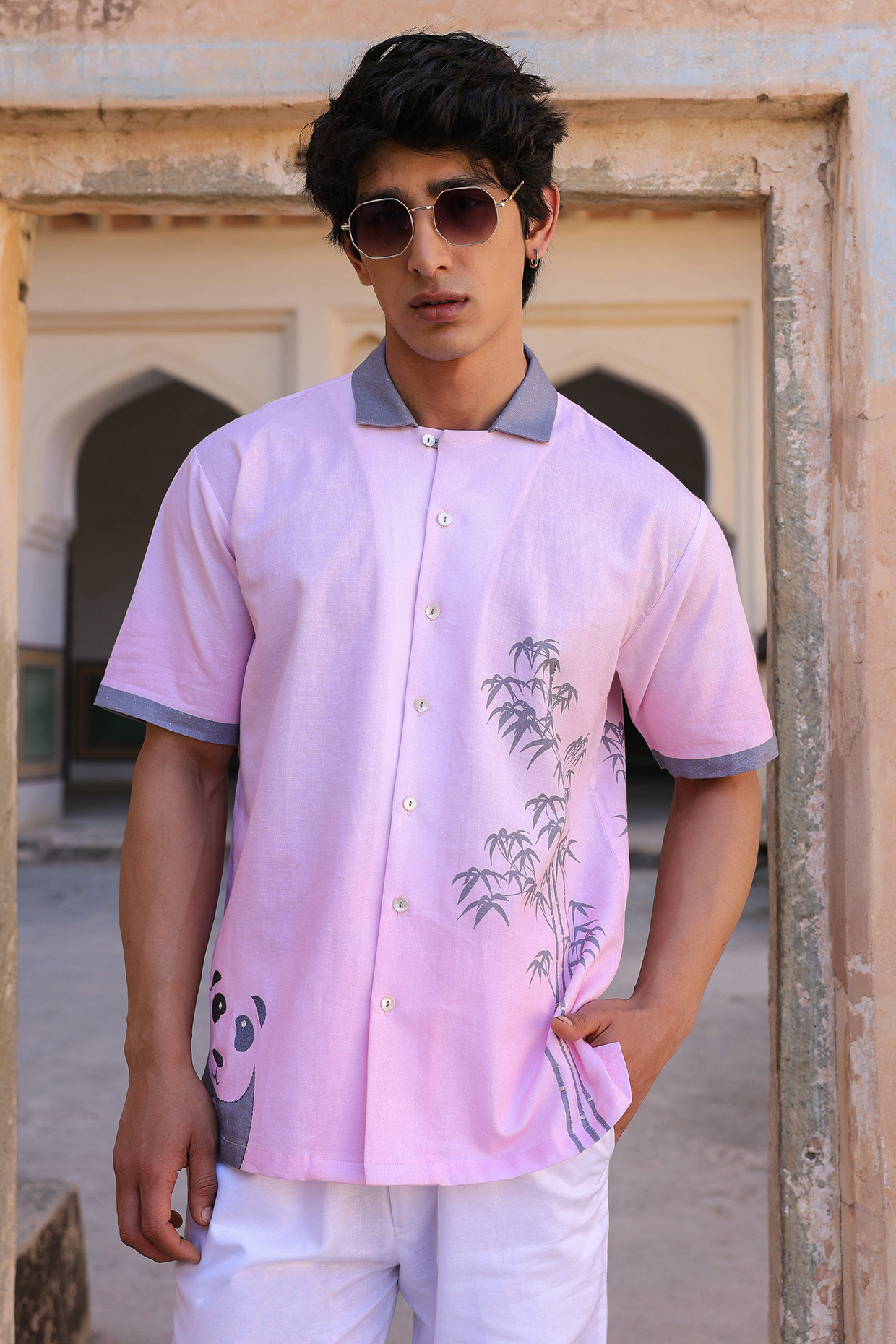 Pink Linen & Tencel Embroidered Shirt by Raw & Rustic by Niti Bothra Men