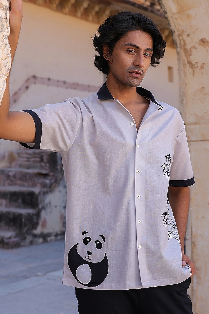 Ivory Linen & Tencel Embroidered Summer Shirt by Raw & Rustic by Niti Bothra Men at Pernia's Pop Up Shop