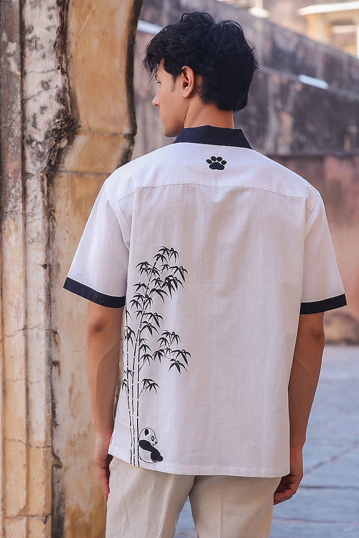 Ivory Linen & Tencel Embroidered Summer Shirt by Raw & Rustic by Niti Bothra Men at Pernia's Pop Up Shop