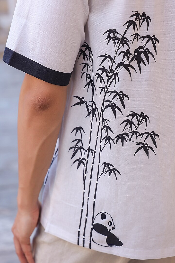 White Linen & Tencel Embroidered Summer Shirt by Raw & Rustic by Niti Bothra Men at Pernia's Pop Up Shop