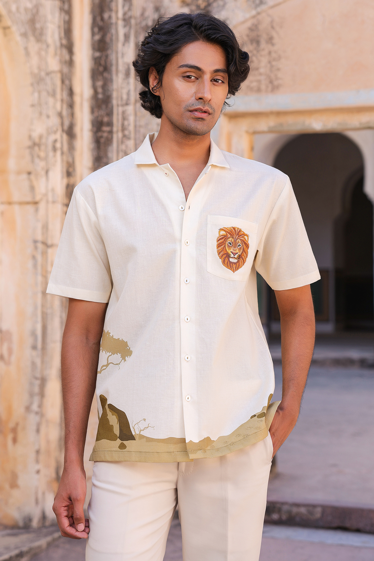 Light Yellow Linen & Tencel Embroidered Shirt by Raw & Rustic by Niti Bothra Men