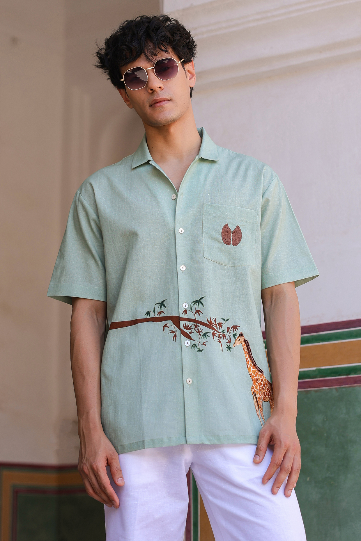 Green Linen & Tencel Embroidered Shirt by Raw & Rustic by Niti Bothra Men