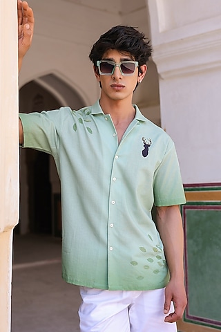 Green Linen & Tencel Embroidered Shirt by Raw & Rustic by Niti Bothra Men