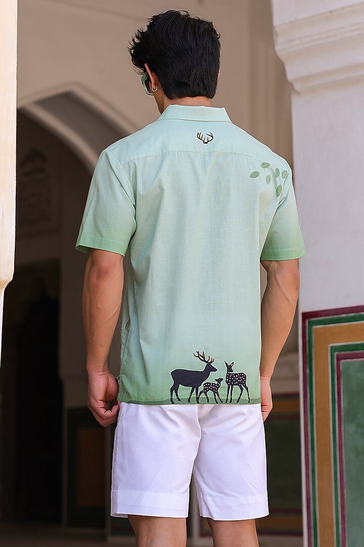 Green Linen & Tencel Embroidered Summer Shirt by Raw & Rustic by Niti Bothra Men at Pernia's Pop Up Shop