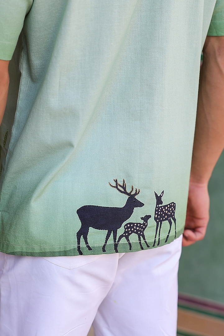 Green Linen & Tencel Embroidered Summer Shirt by Raw & Rustic by Niti Bothra Men at Pernia's Pop Up Shop