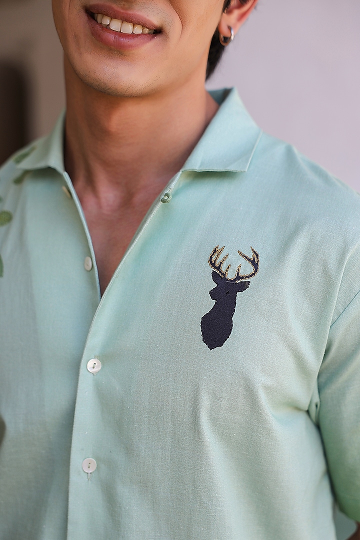 Green Linen & Tencel Embroidered Summer Shirt by Raw & Rustic by Niti Bothra Men at Pernia's Pop Up Shop